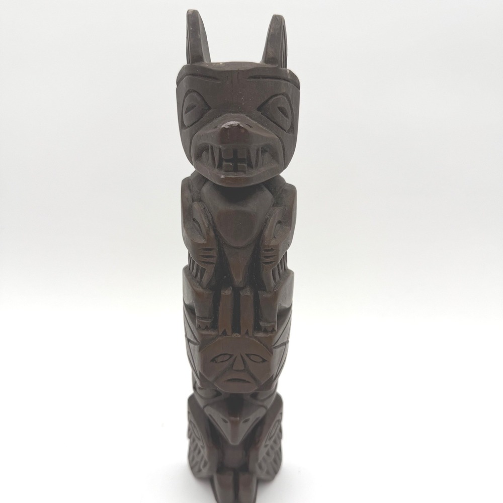 Vintage Hand Carved Wooden Totem Pole Wolf Eagle Human Figures 11.5 Inch
